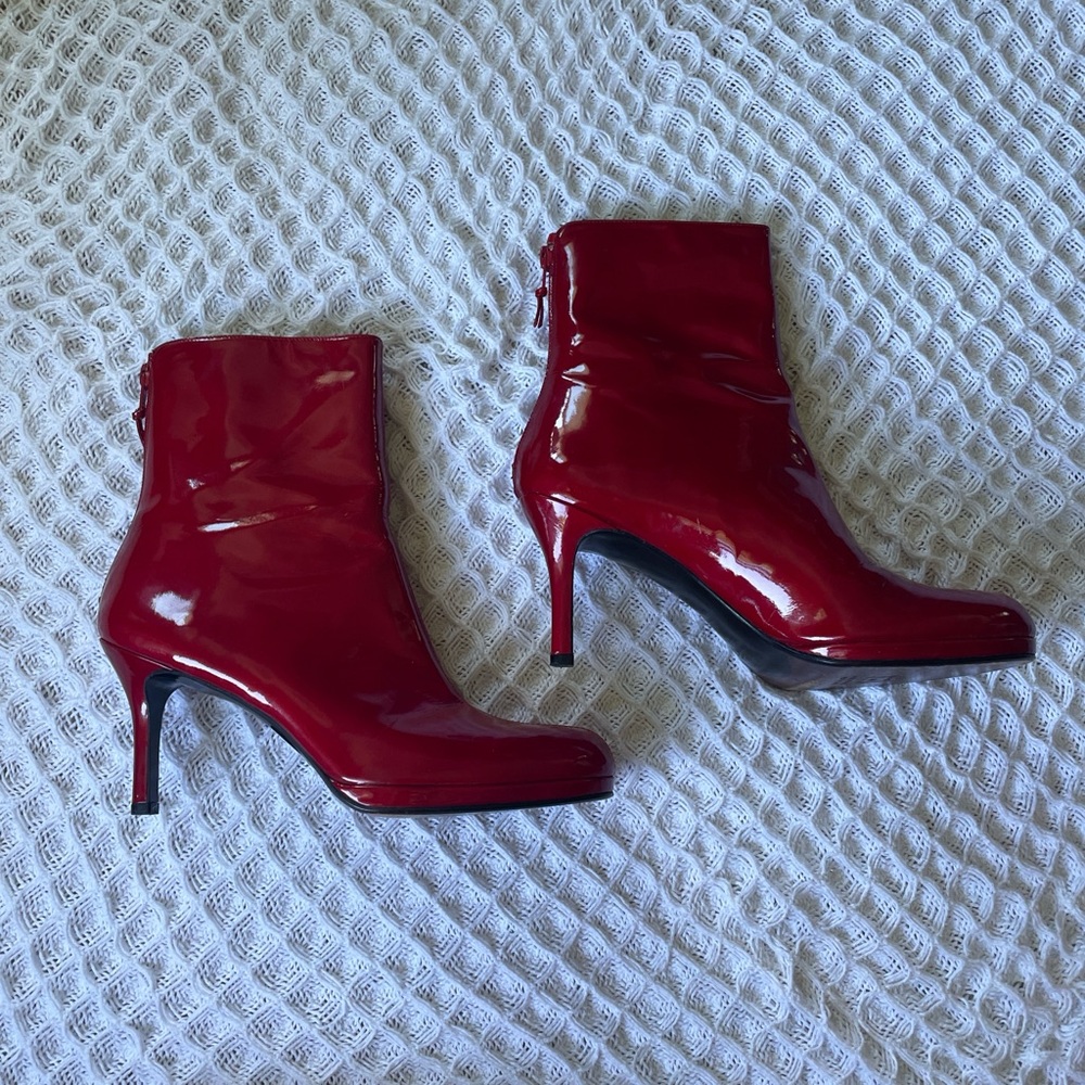 Stuart Weitzman red patent leather stiletto heel boots